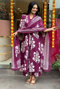 KALINI Floral Printed Pleated V-Neck A-Line Kurta With Palazzos And Dupatta
