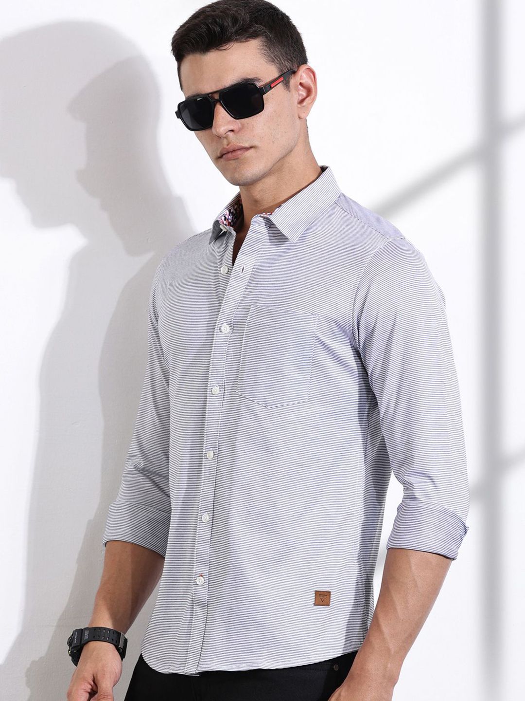 Thomas Scott Men Classic Slim Fit Spread Collar Pinstripes Striped Cotton Knitted Shirt