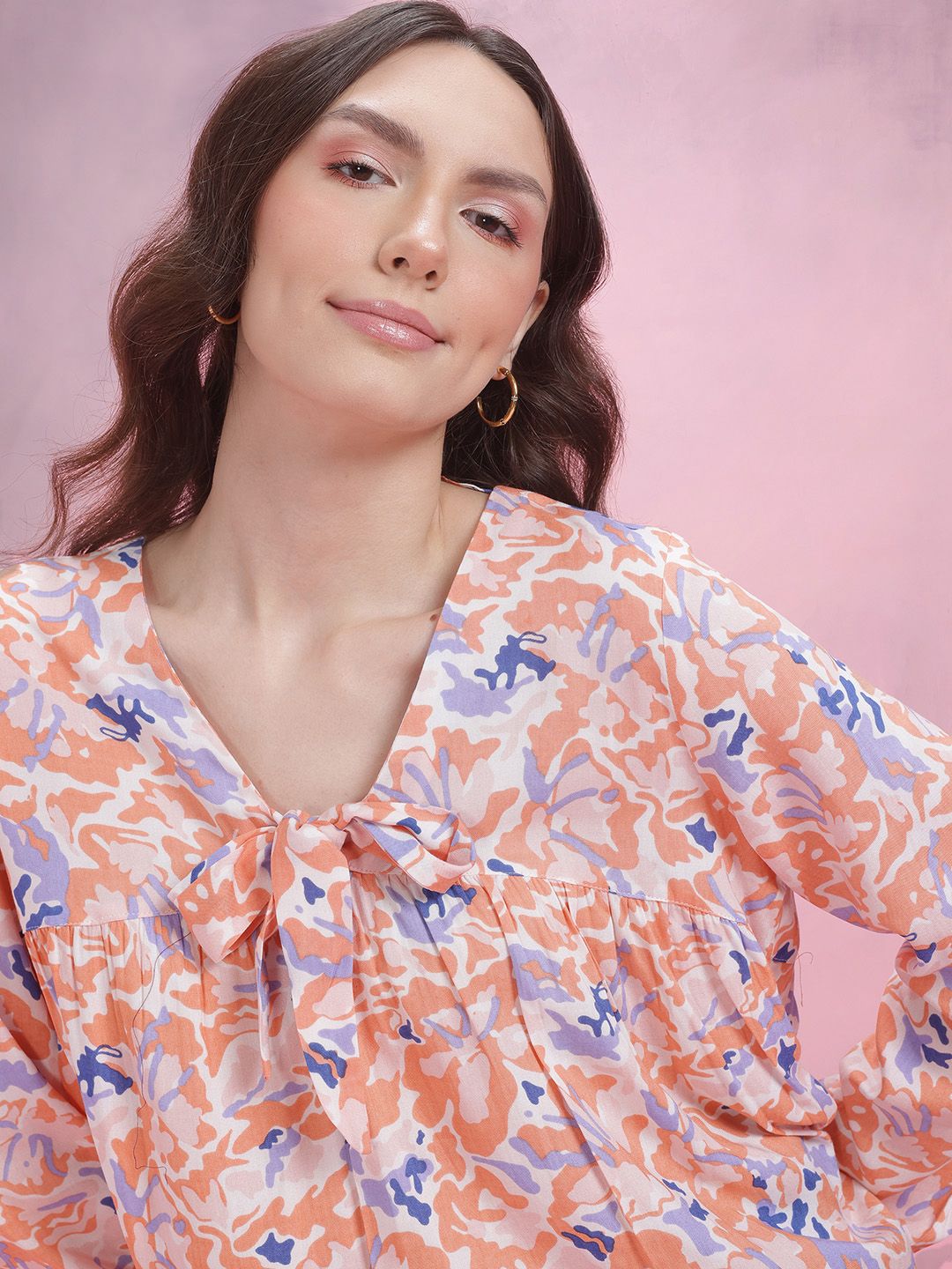 DressBerry Printed Tie-Up Neck Puff Sleeve Top