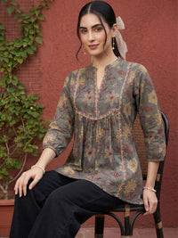 Mamicha Floral Print Mandarin Collar Puff Sleeve Cotton Top