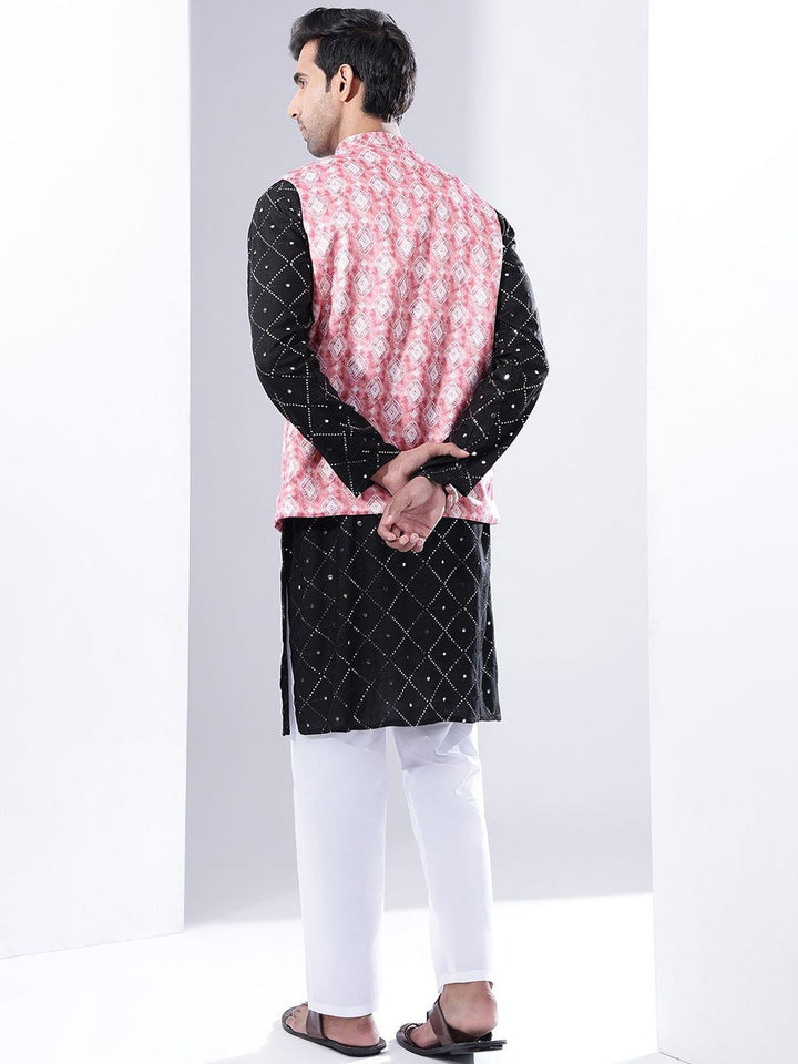 Kurta Kapas Sulam Geometri Lelaki Anouk Dengan Piyama & Jaket Nehru Coral Bercetak