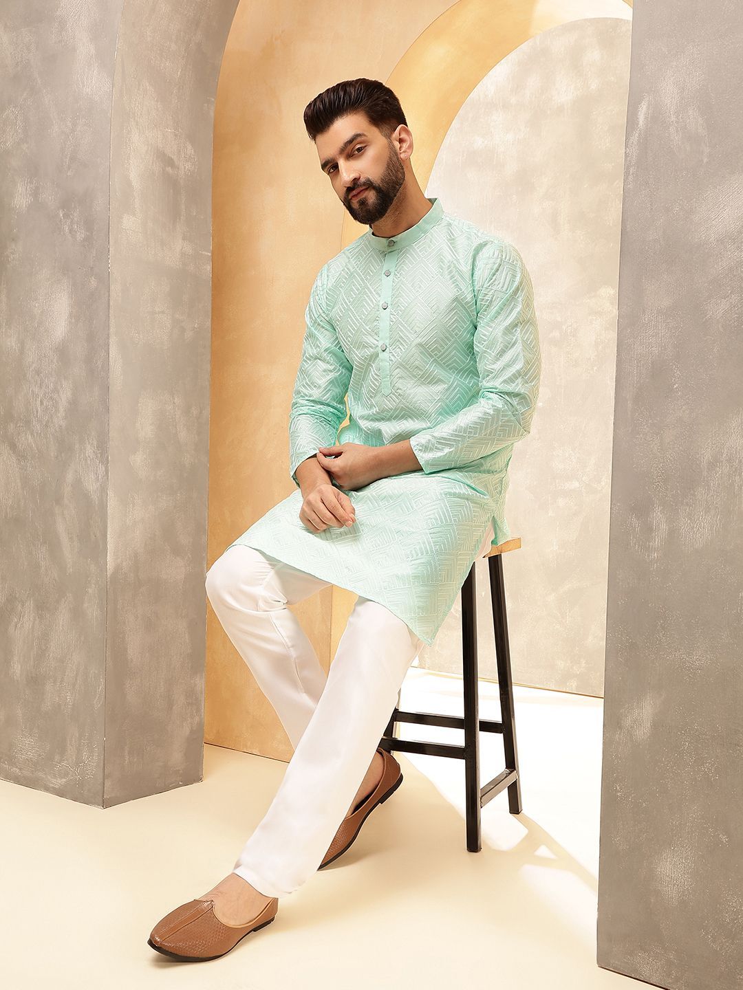 Anouk Sea Green Geometric Embroidered Mandarin Collar Straight Kurta With Pyjamas