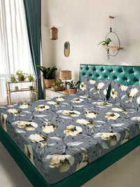KLOTTHE Grey Floral Printed Dilengkapi 300 TC King Double Bedsheet Dengan 2 Sarung Bantal