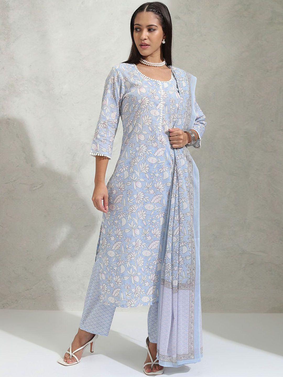 Vishudh Floral Printed Pure Cotton Straight Kurta & Trousers With Dupatta