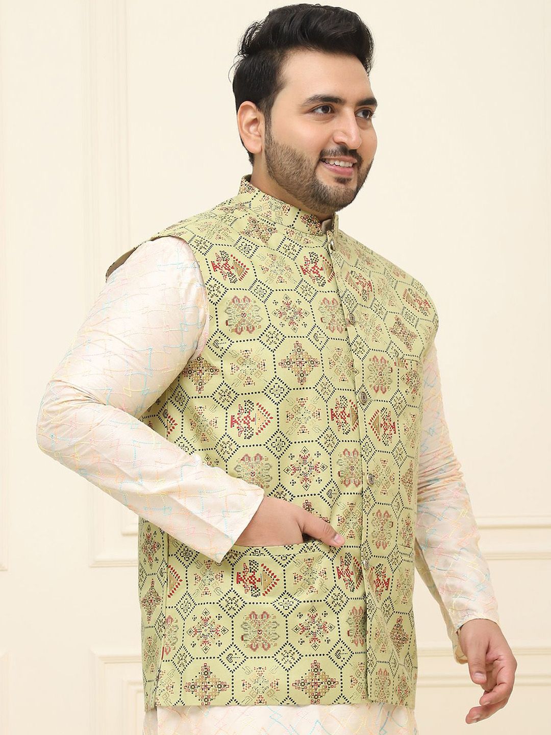 SOJANYA PLUS Men Printed Mandarin Collar Cotton Linen Nehru Jacket