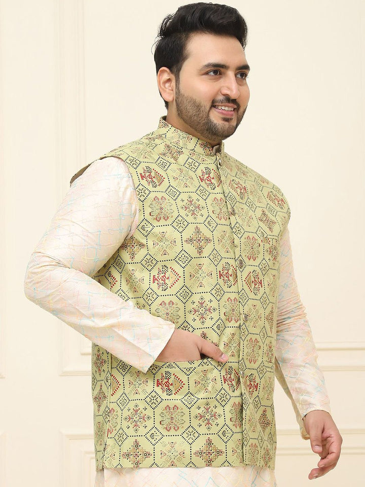 SOJANYA PLUS Lelaki Printed Mandarin Collar Cotton Linen Jaket Nehru