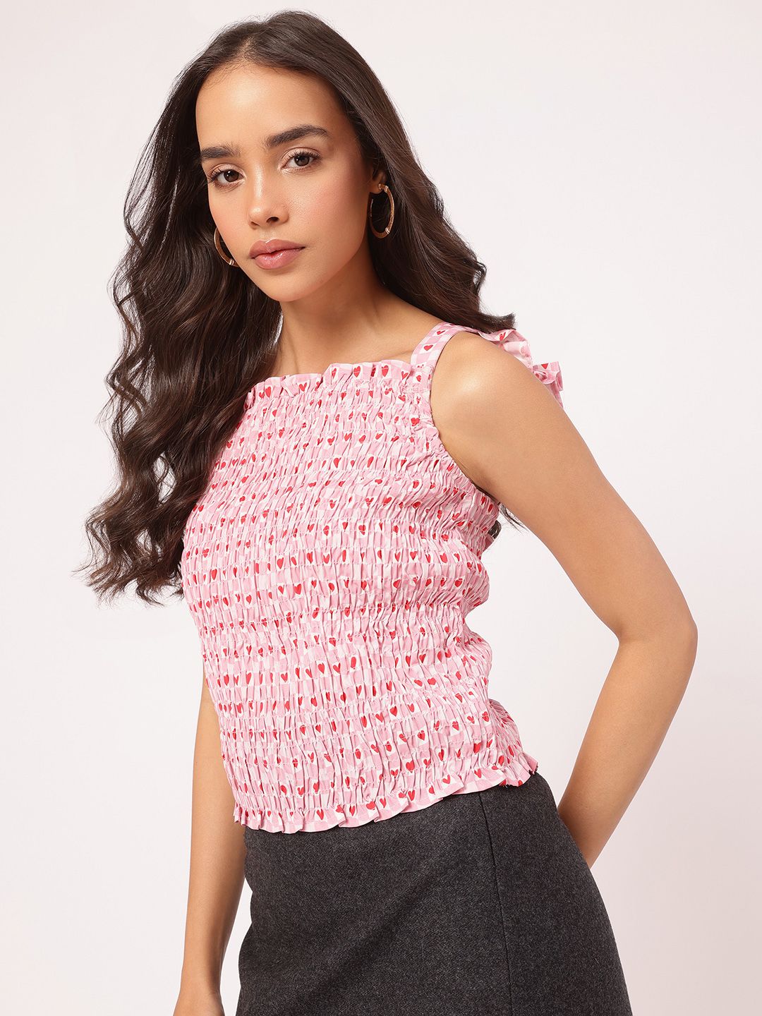 DressBerry Cutesy Print Smocked Tie-Up Back Top