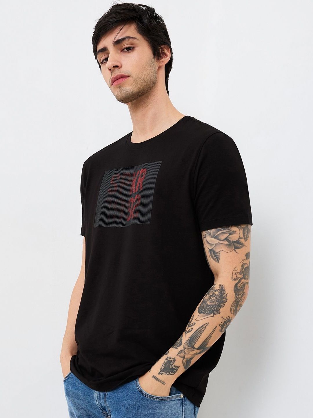 SPYKAR Men Graphic Printed Round Neck Cotton Slim Fit T-shirt