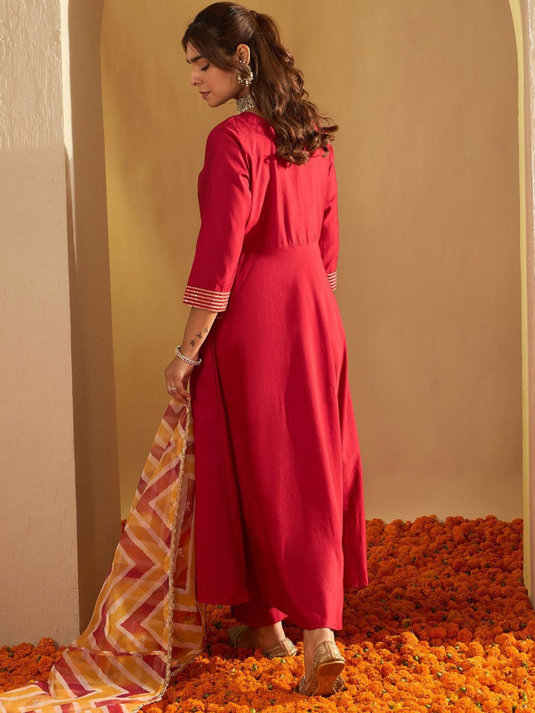 Indo Era Chevron Embroidered Sequinned Liva A-Line Kurta With Trousers & With Dupatta