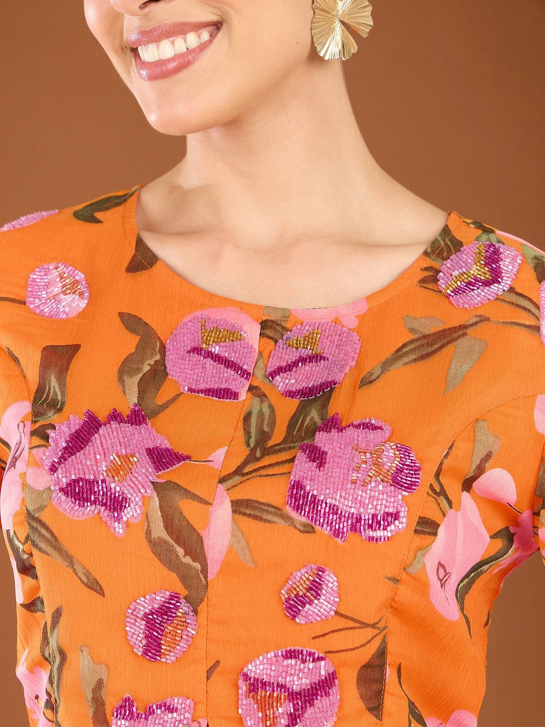 Antheaa Printed Embellished Round Neck Top With Palazzos