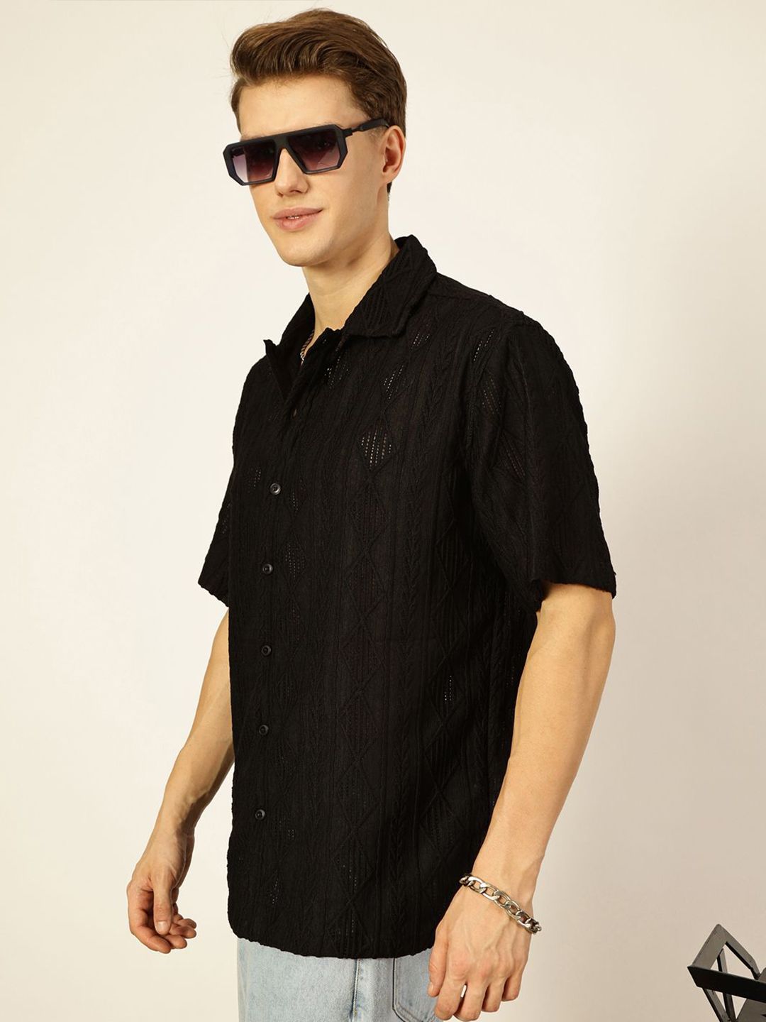 Thomas Scott Men Premium Spread Collar Textured Oversized Casual Shirt