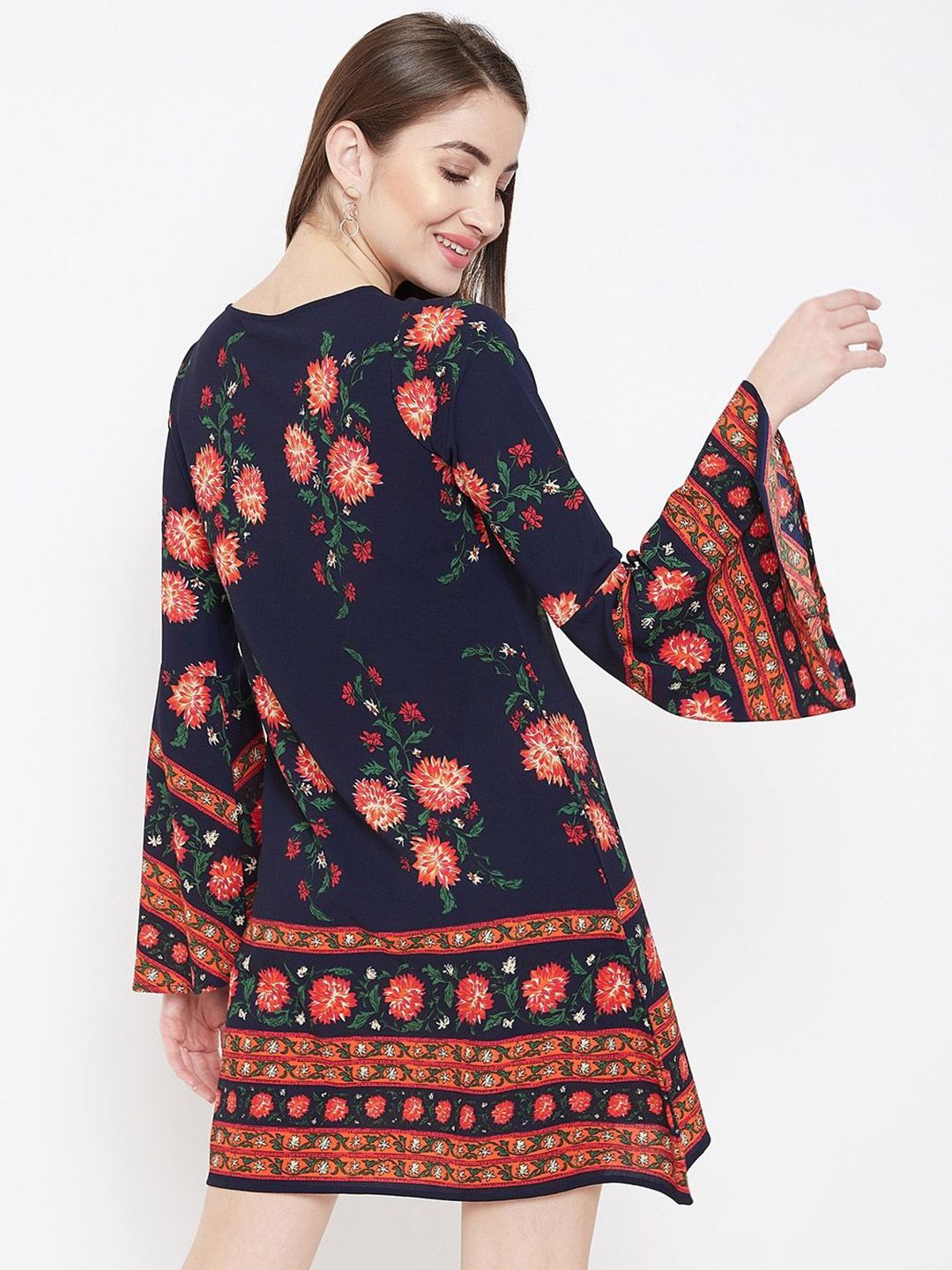 Berrylush Floral Print Tie-Up Neck Bell Sleeve A-Line Dress