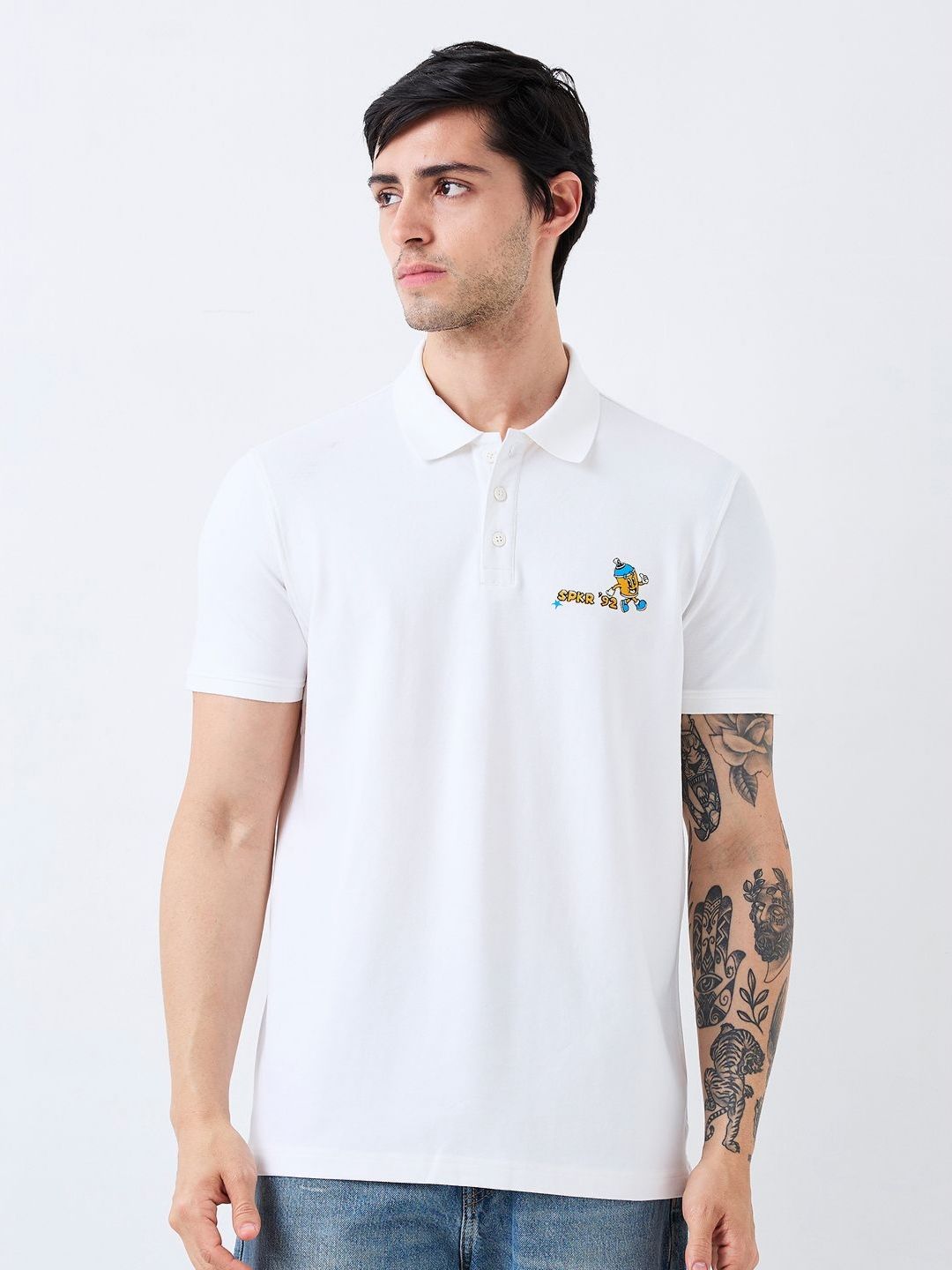 SPYKAR Men Graphic Printed Polo Collar Cotton Slim Fit T-shirt
