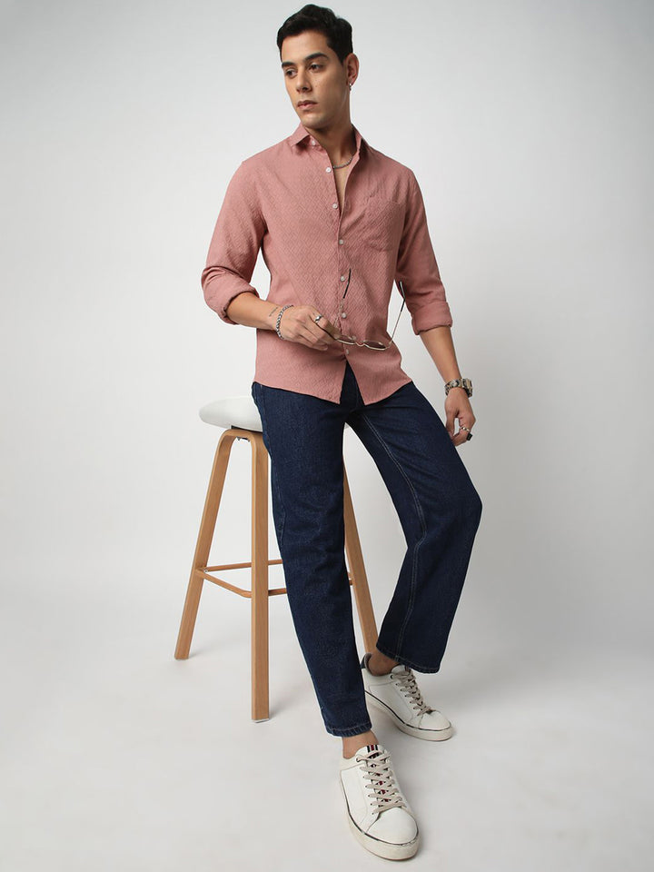 VASTRADO Men Classic Spread Collar Textured Slim Fit Casual Shirt