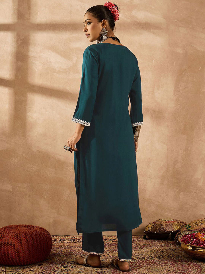 Indo Era Ethnic Motifs Embroidered Notch Neck Thread Work Straight Kurta