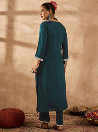 Indo Era Ethnic Motifs Embroidered Notch Neck Thread Work Straight Kurta