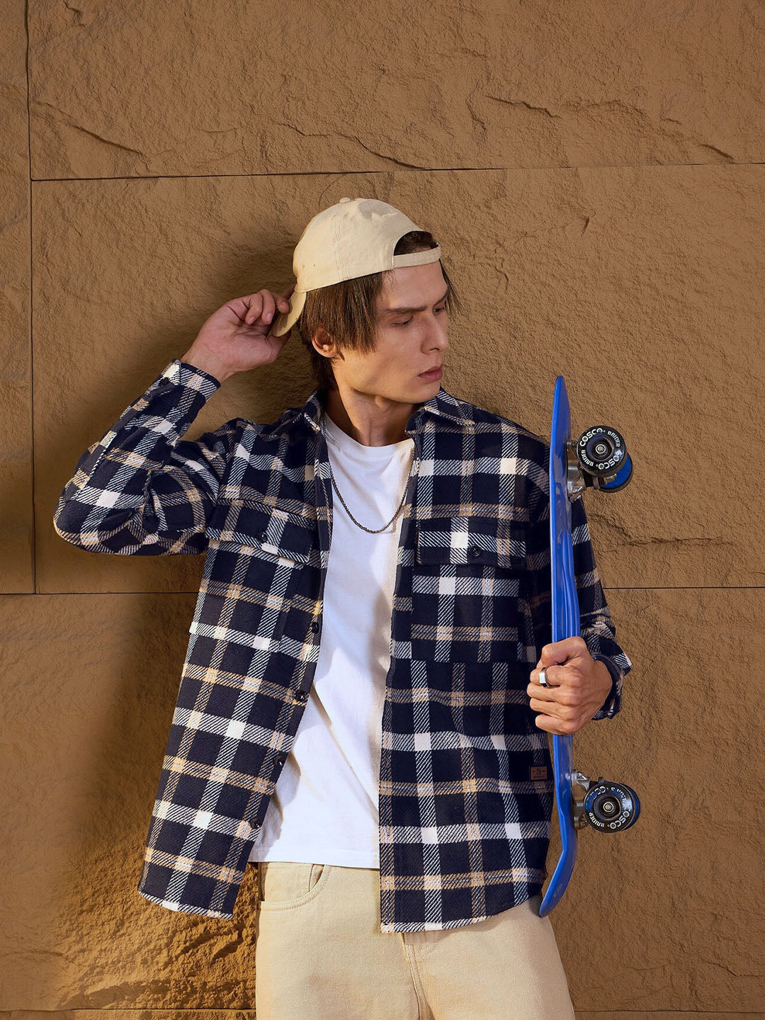 DENNISON Men Double Pocket Drop Shoulder Oversized Cotton Checked Shacket