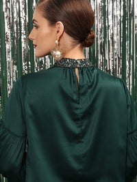 STREET 9 Puff Sleeves High Neck Embellished Satin Top