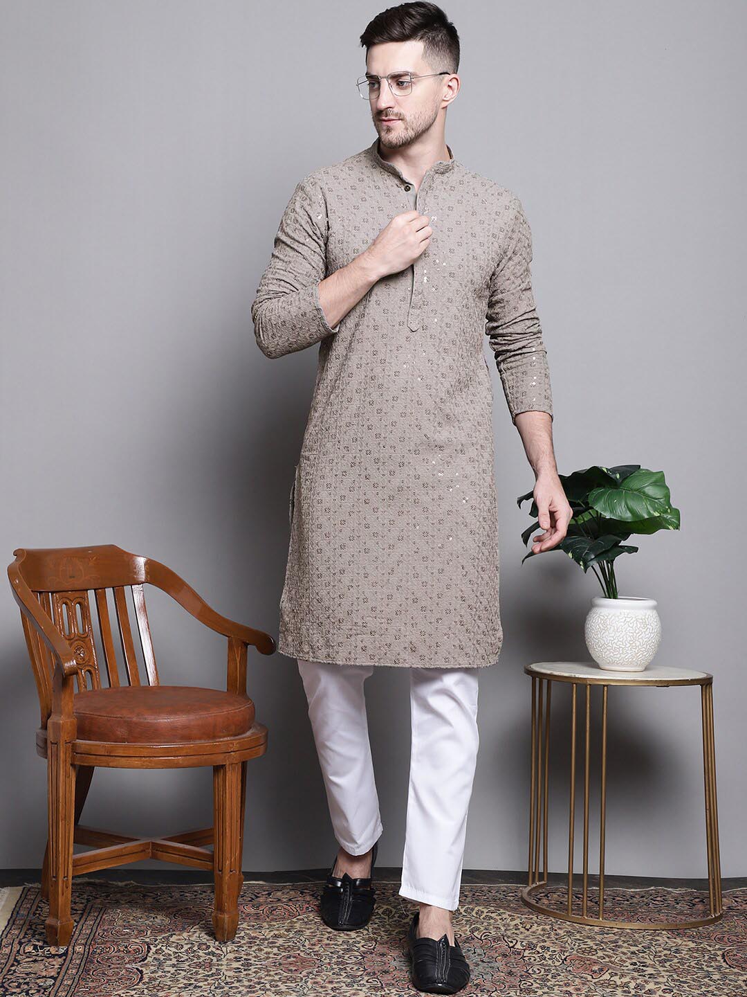 Jompers Floral Embroidered Thread Work Sequinned Pure Cotton Kurta