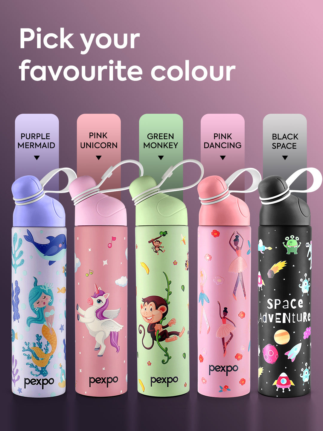 Pexpo Purple Printed Stainless Steel Double Wall Vacuum Water Bottle 470ml