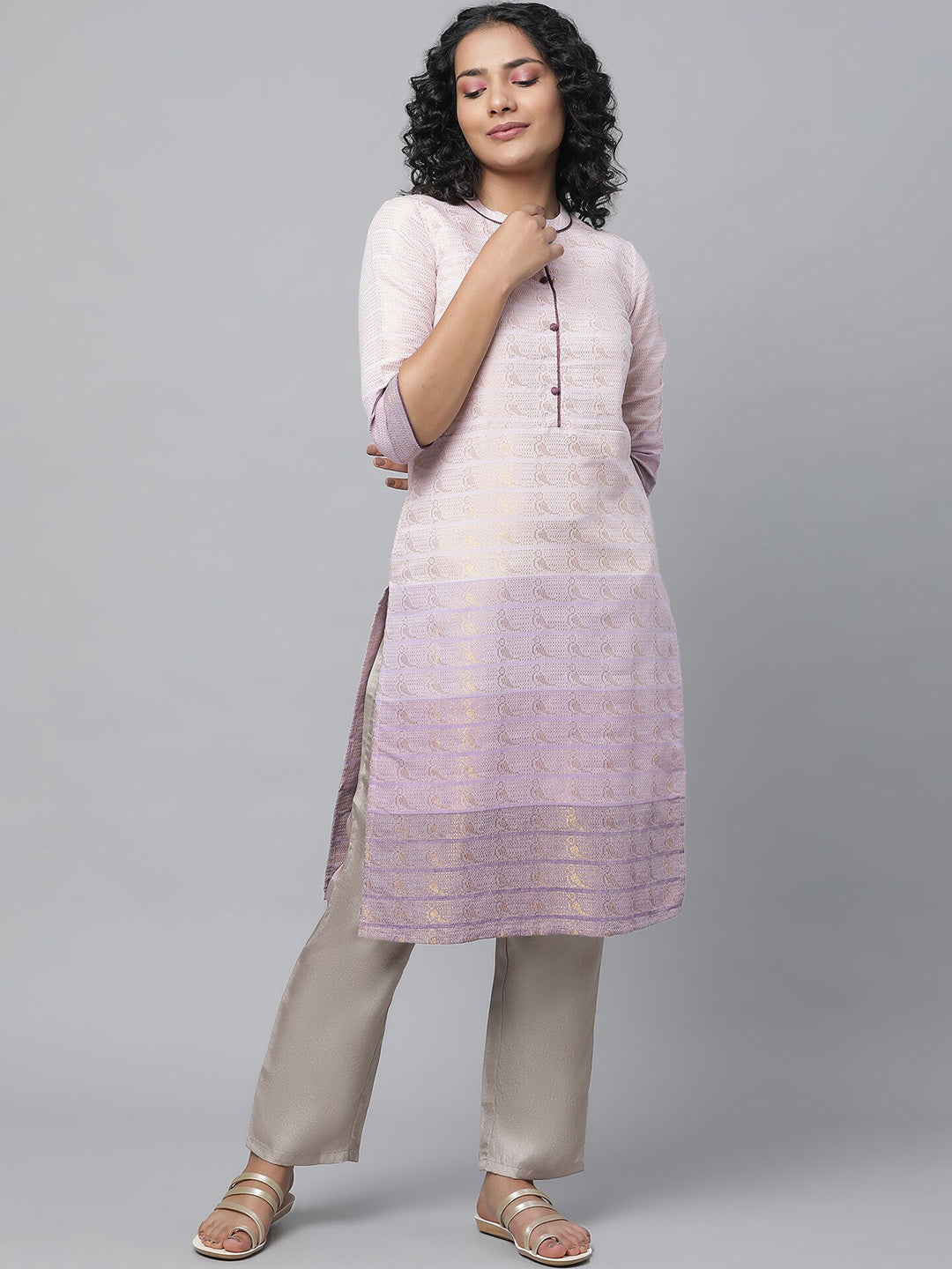 AURELIA Band Collar Woven Design Zari Kurta