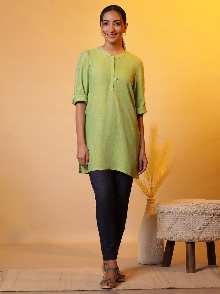 AURELIA Mandarin Collar Roll-Up Sleeves Pure Cotton Kurti