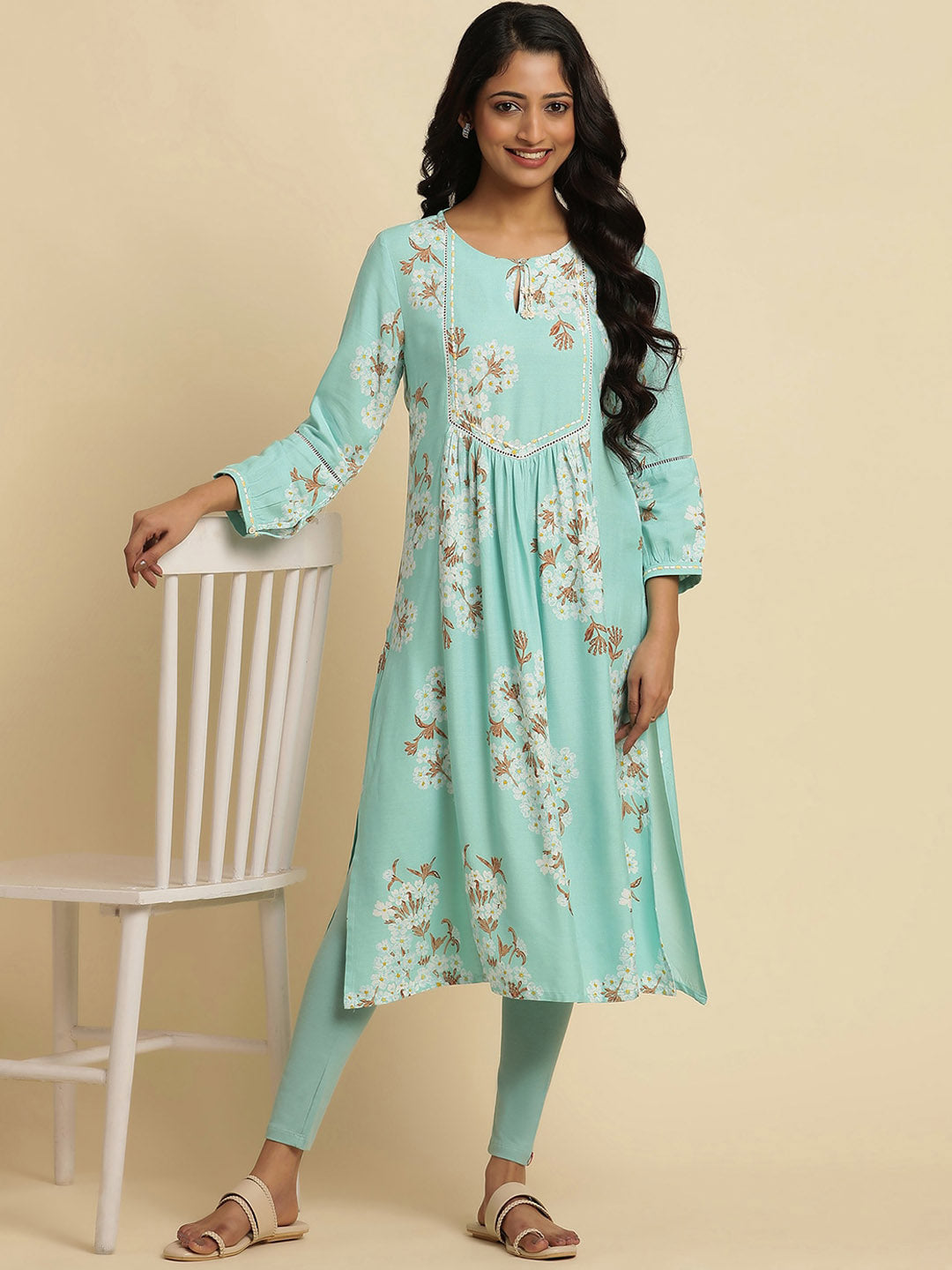 W Blue Floral Printed Keyhole Neck Thread Work Empire A-Line Kurta