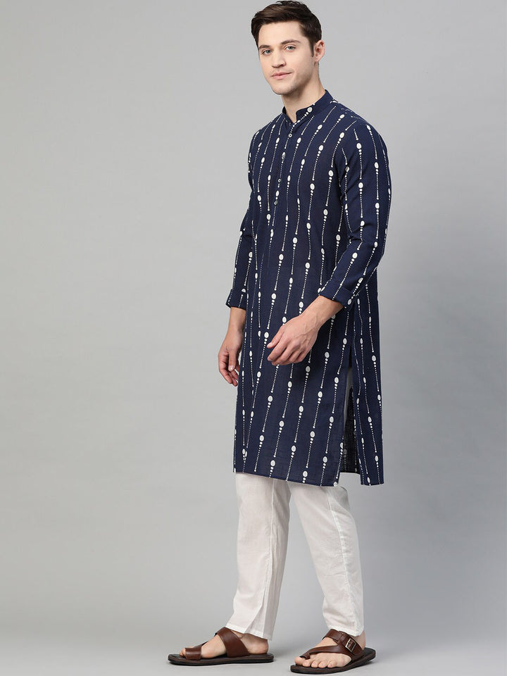 See Designs Men Navy Blue & White Printed Kurta with Pyjamas