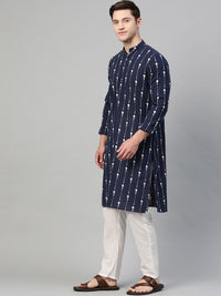 See Designs Men Navy Blue & White Printed Kurta with Pyjamas
