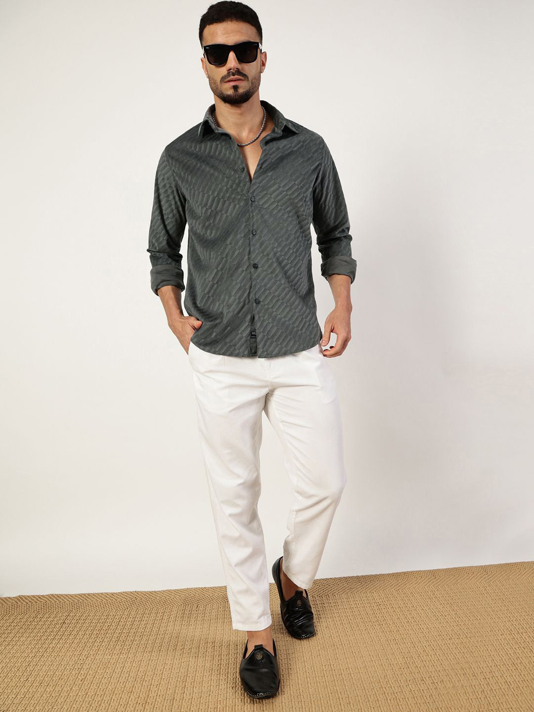 Thomas Scott Men Premium Spread Collar Textured Slim Fit Casual Shirt