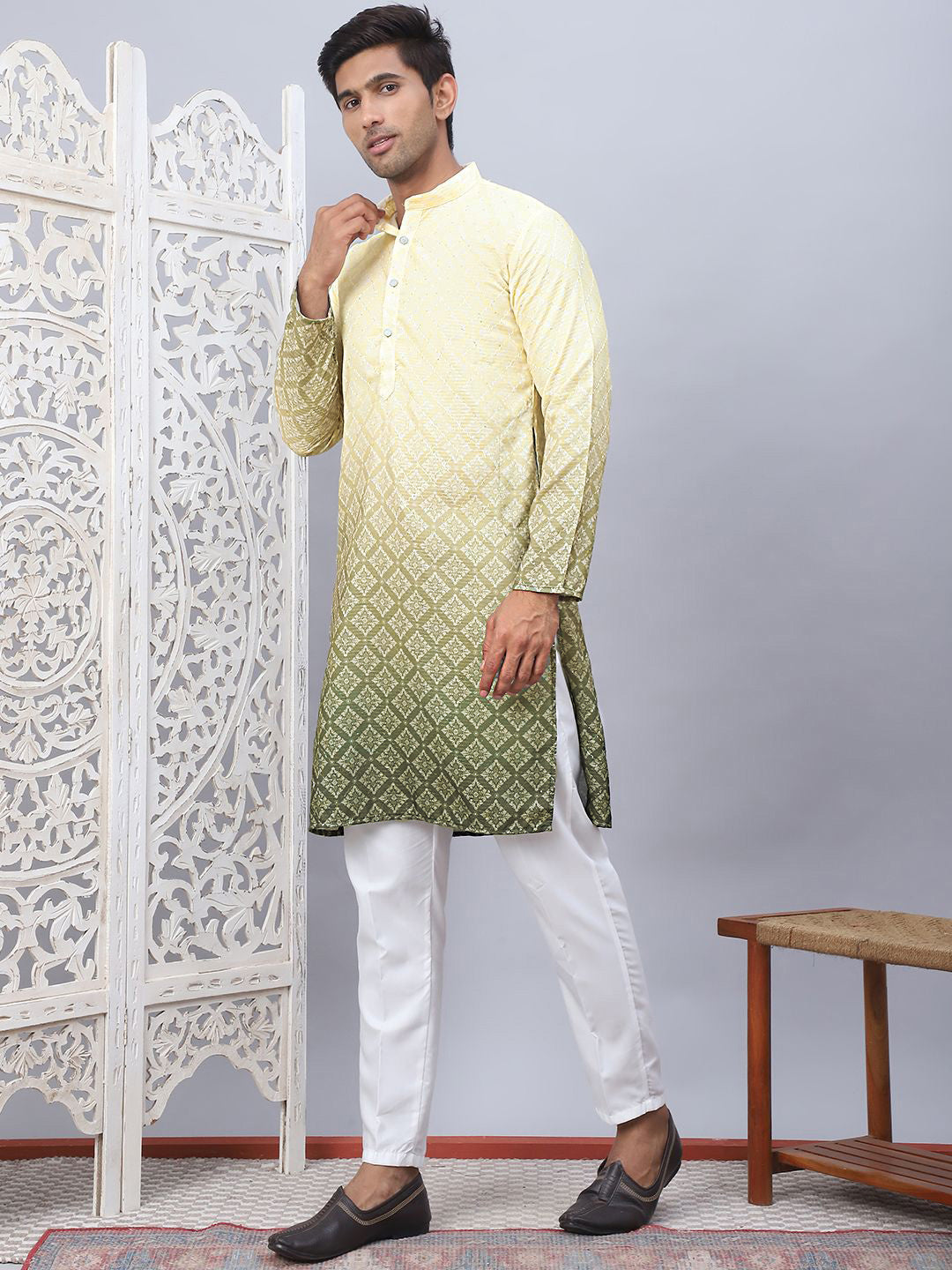 Jompers Ombre Printed Mandarin Collar Sequinned Straight Kurta With Pyjamas