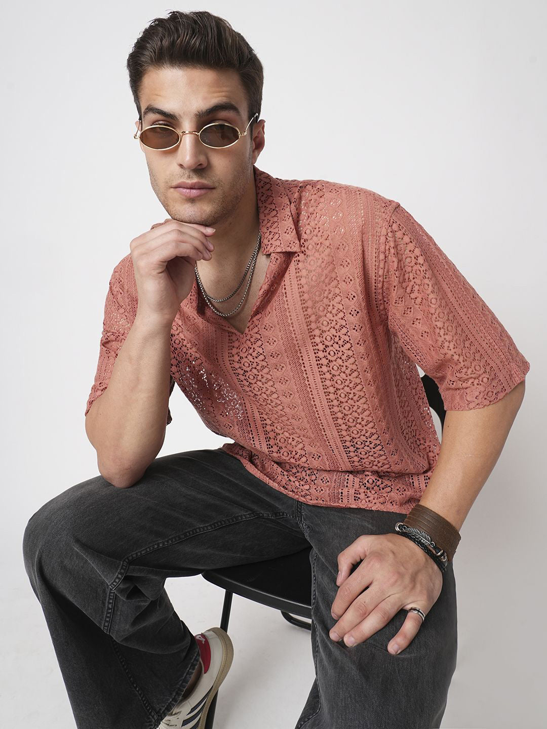 VASTRADO Men Classic Oversized Fit Spread Collar Textured Cotton Casual Shirt