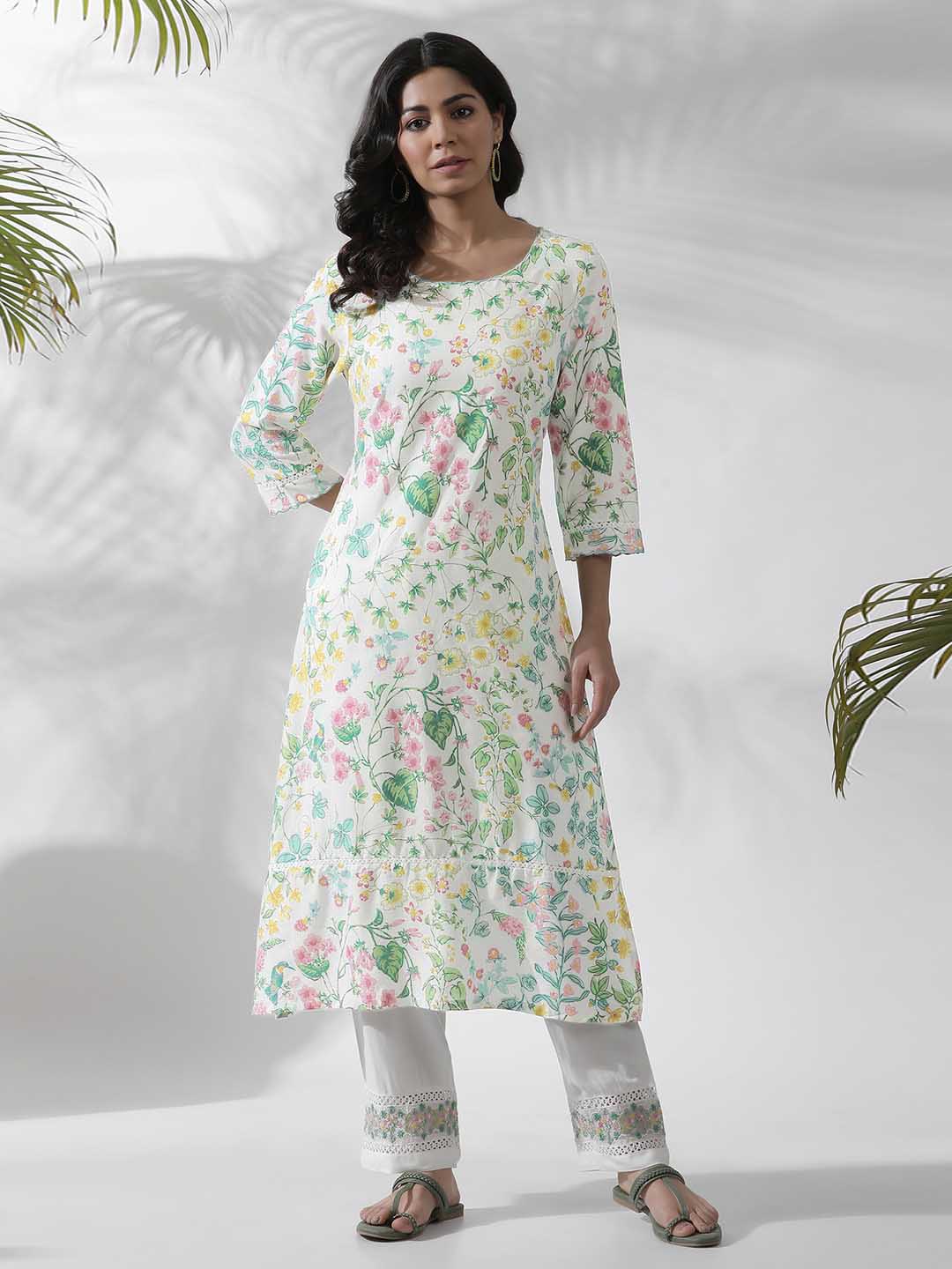 W White Floral Printed Straight Kurta