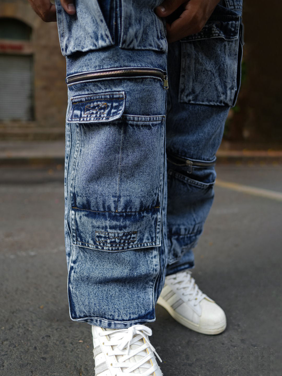 Powerlook Men Loose Baggy Fit Pure Cotton Denim Cargos