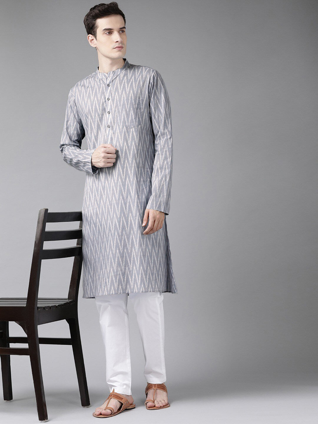 See Designs Men Grey Striped Kurta
