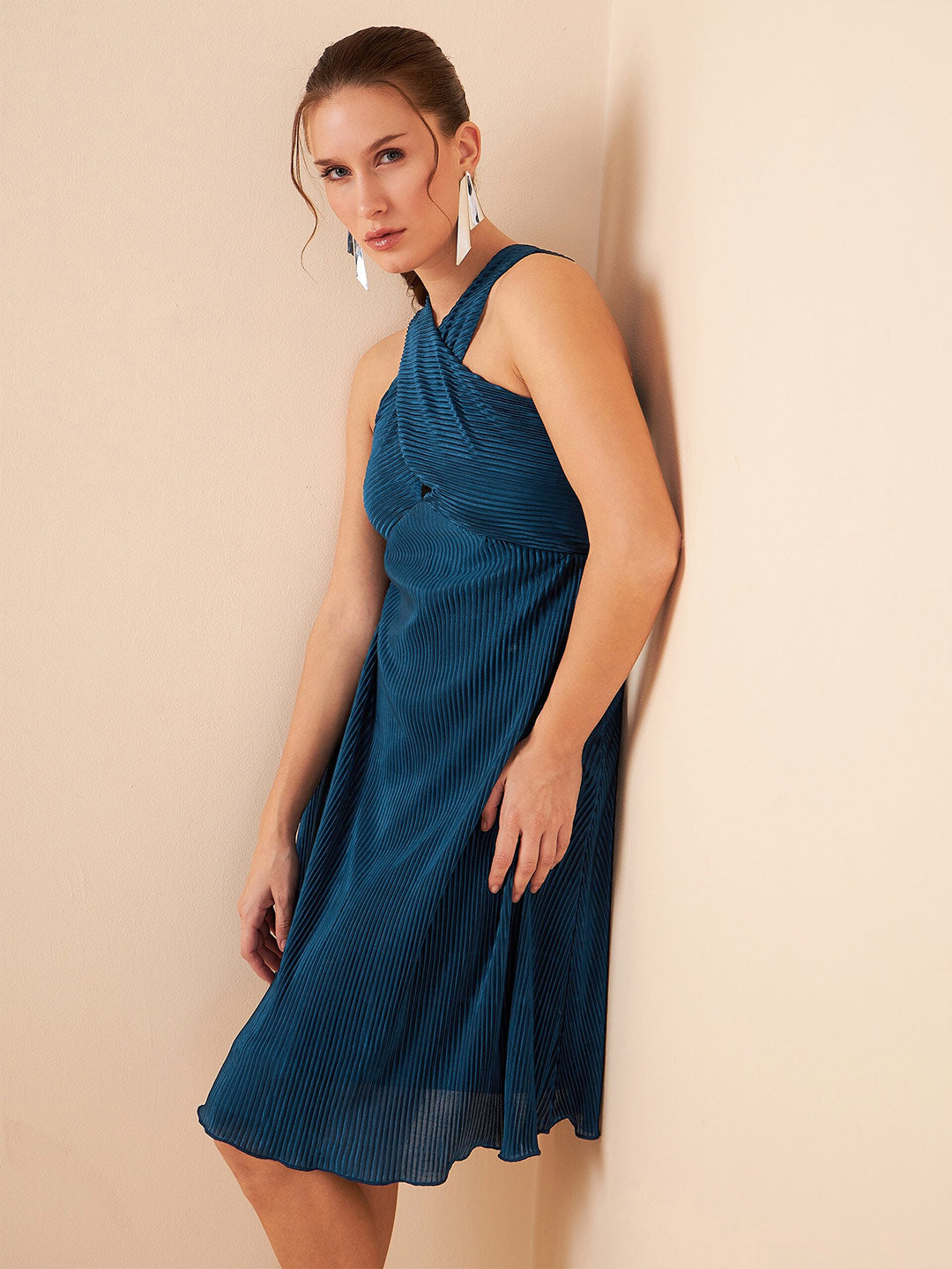 Antheaa Teal Self Design Sleeveless Chiffon Pleated A-Line Dress