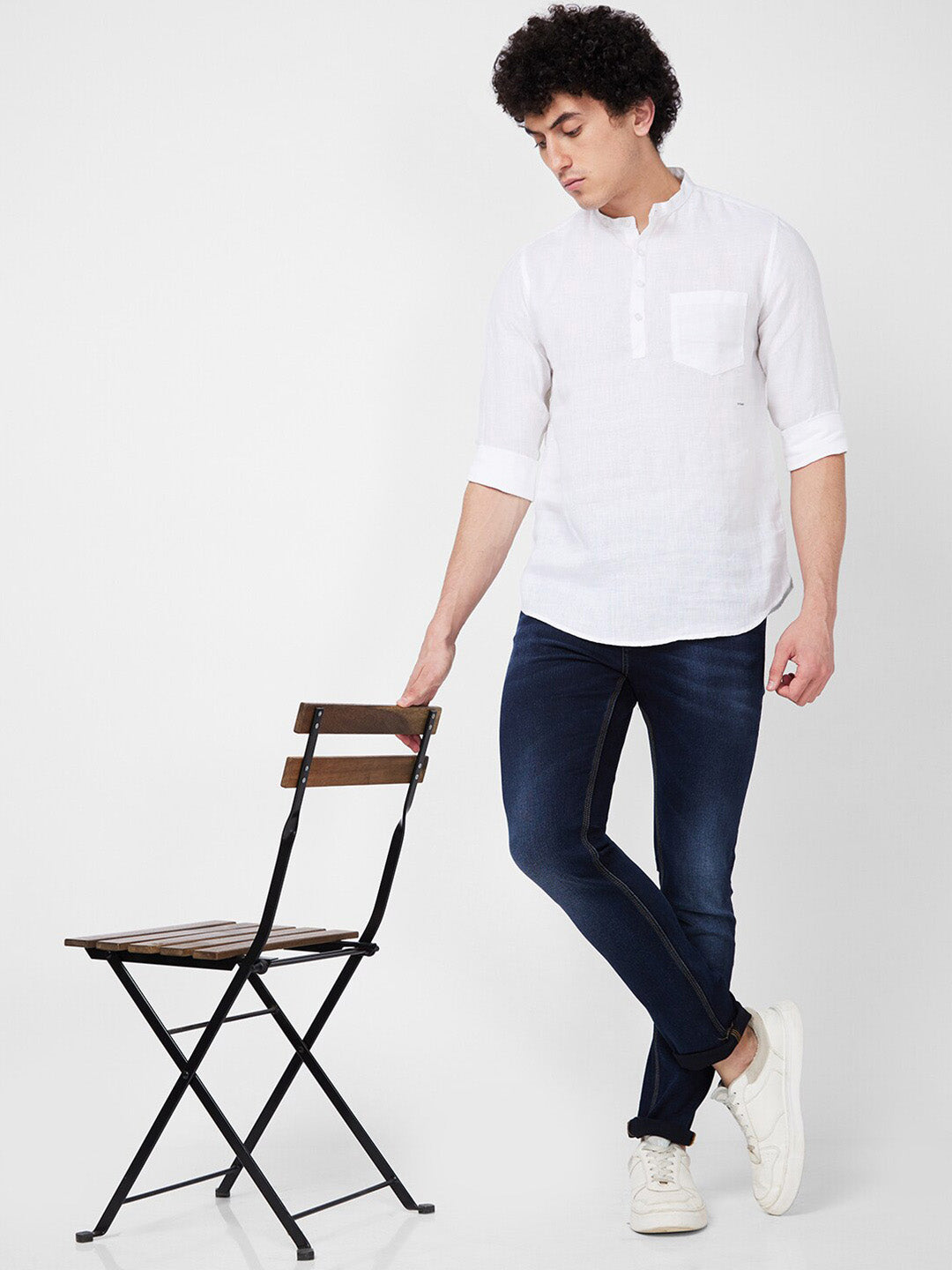SPYKAR Mandarin Collar Long Sleeves Casual Linen Shirt