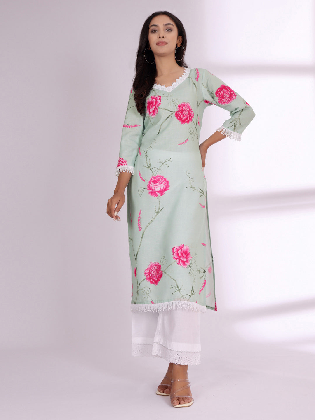Varanga Floral Printed V-Neck Pure Cotton Straight Kurta
