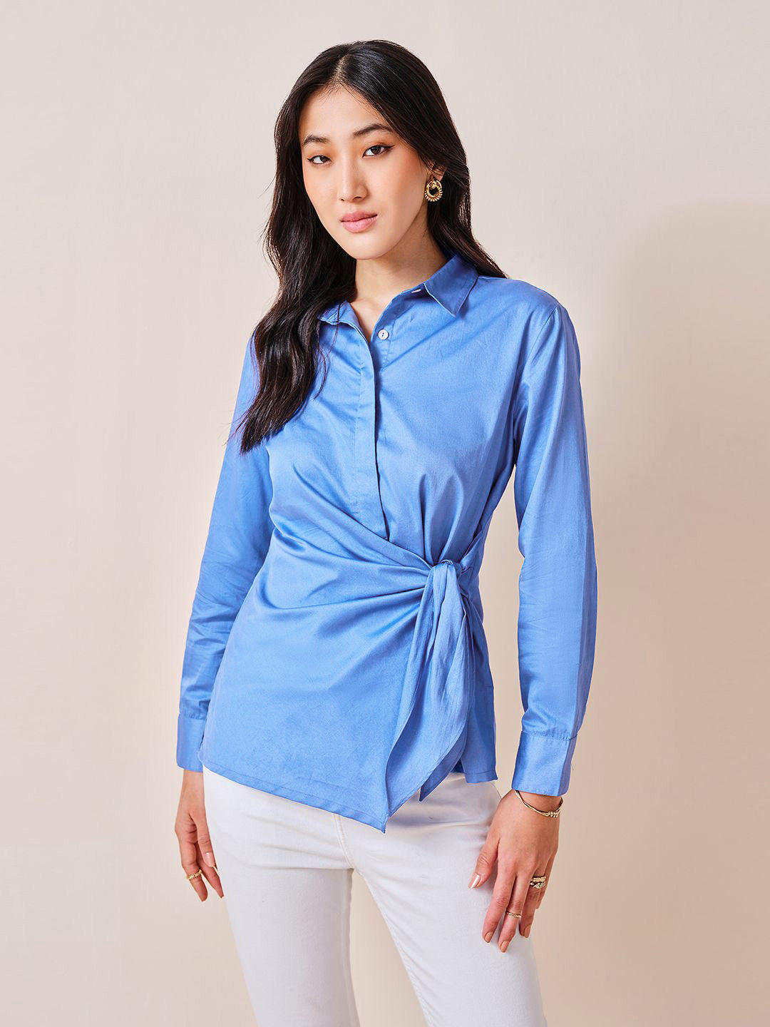 AND Women Solid Shirt Collar Long Sleeves Cotton Top