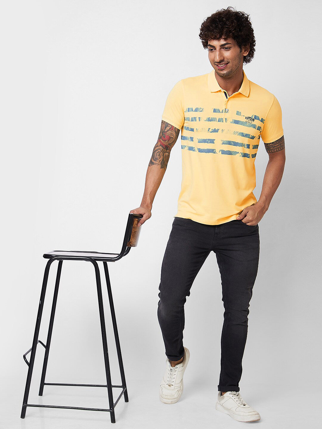 SPYKAR Polo Collar Short Sleeves Abstract Print Cotton Slim Fit T-shirt