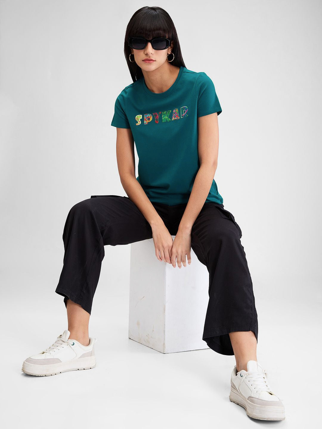SPYKAR Women Typography Applique T-shirt