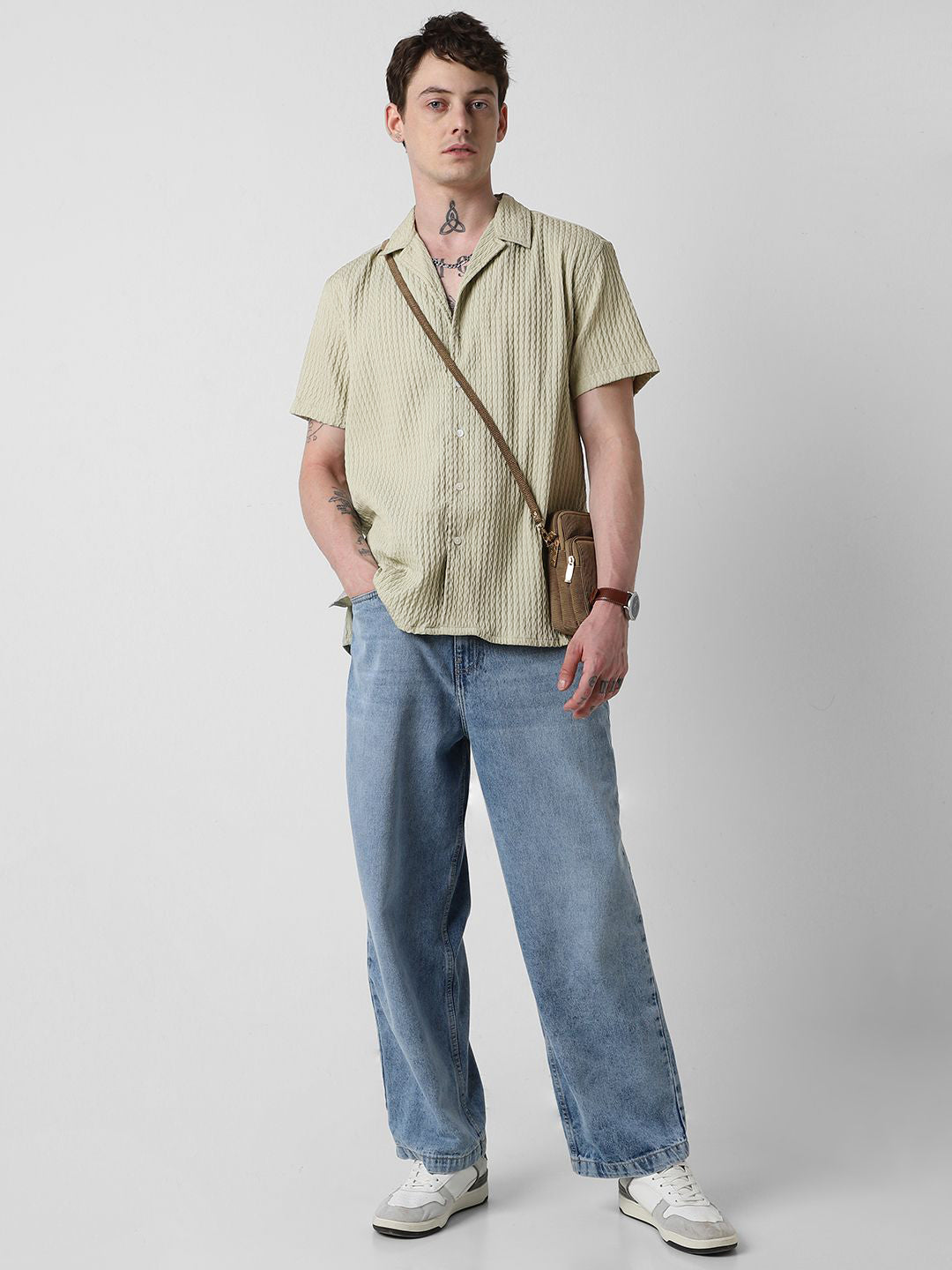 VASTRADO Men Classic Cuban Collar Popcorn Texture Oversized Casual Shirt