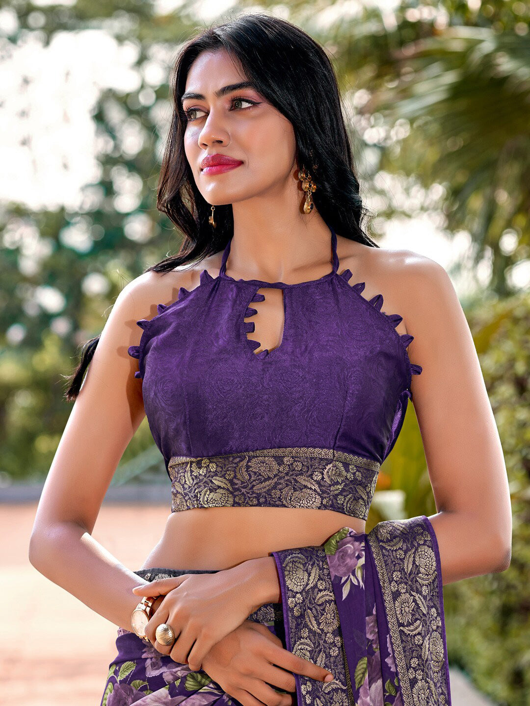 Saree mall Violet Floral Printed Poly Georgette Saree