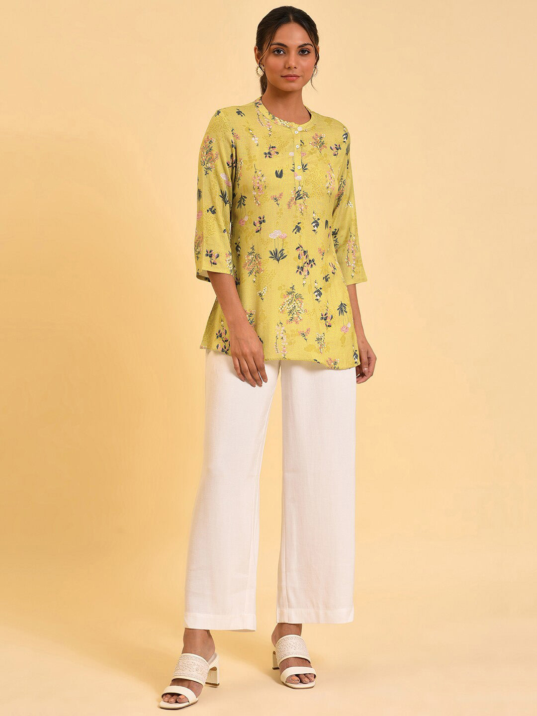 W Yellow Floral Printed Mandarin Collar Top