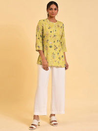 W Yellow Floral Printed Mandarin Collar Top