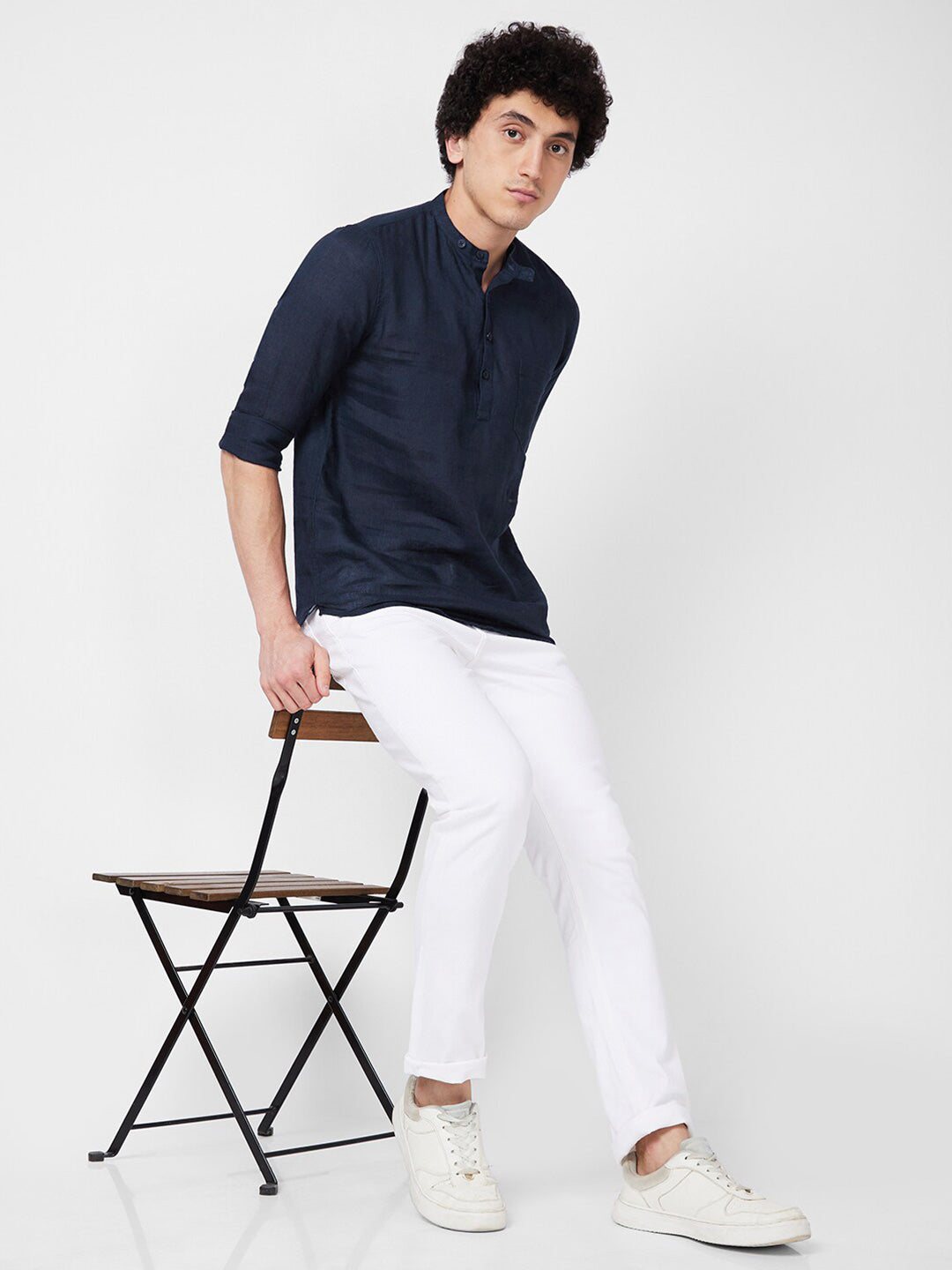 SPYKAR mandarin collar Long Sleeves Casual Linen Shirt
