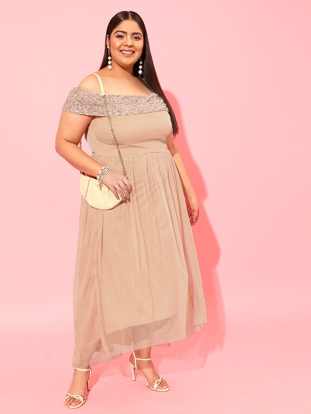 CURVY STREET Peach Plus Size Embellished Net Dress
