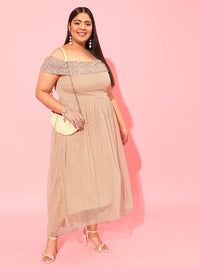 CURVY STREET Peach Plus Size Embellished Net Dress