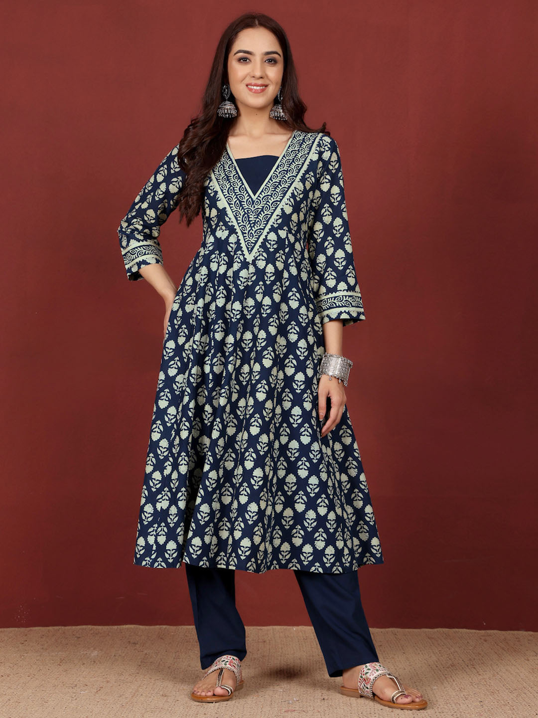 Varanga Floral Printed V-Neck Gotta Patti Pure Cotton A-Line Kurta With Trousers & Dupatta