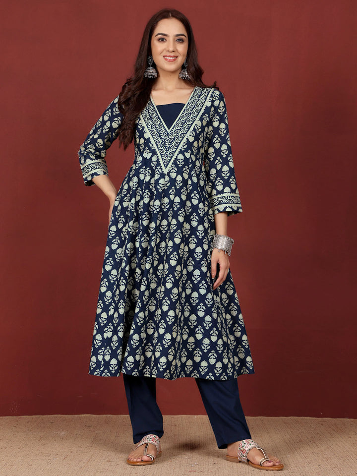 Varanga Floral Printed V-Neck Gotta Patti Pure Cotton A-Line Kurta With Trousers & Dupatta